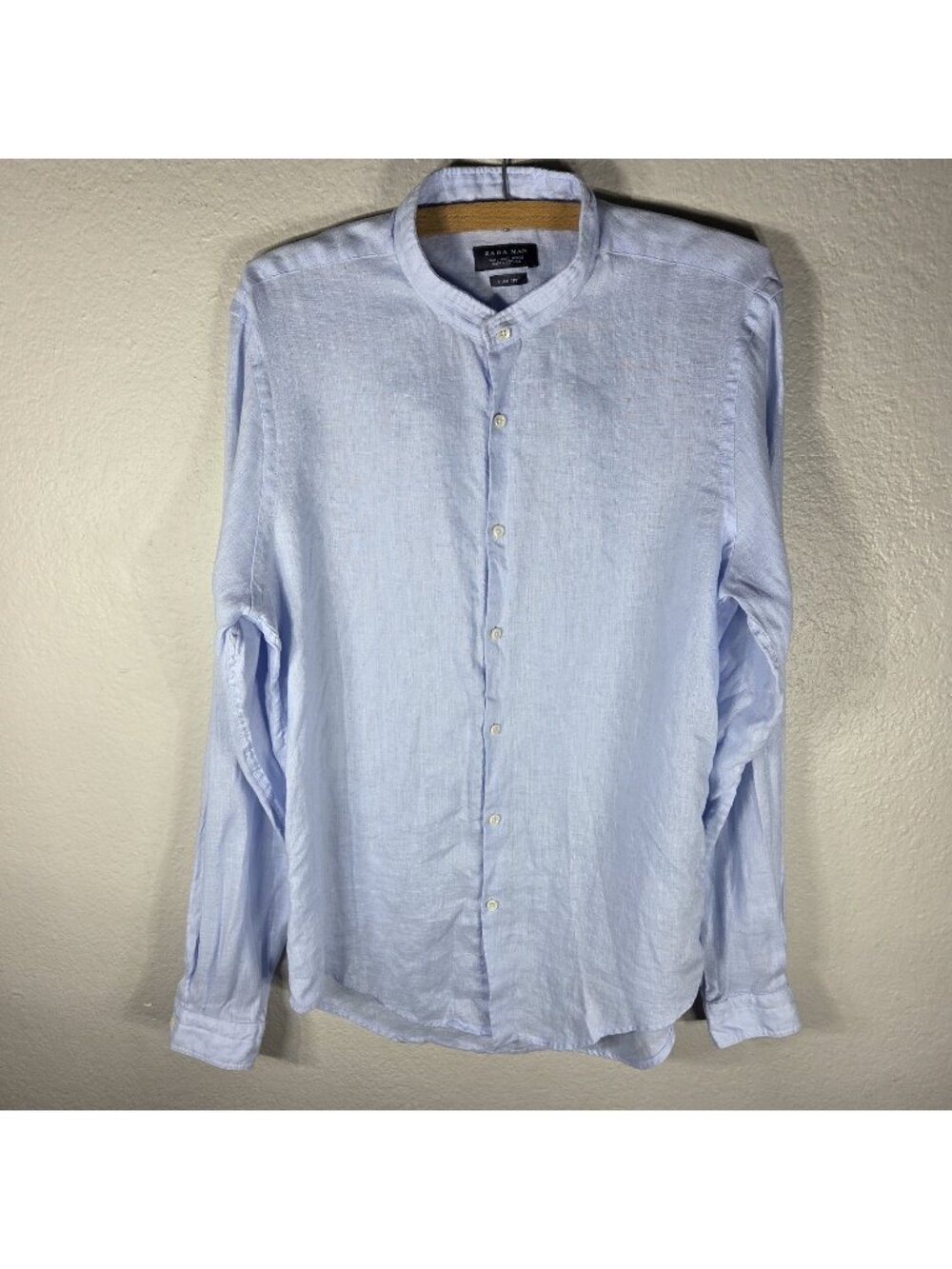Zara Man Slim Fit Button Front Shirt 100% Linen Light Blue L Band Collared